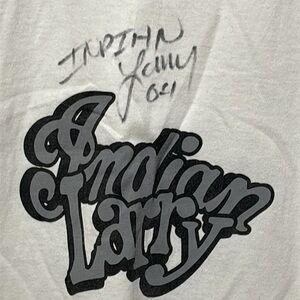 Indian Larry Vintage Autographed White Tee Shirt. Excellent Condition. Size XL.